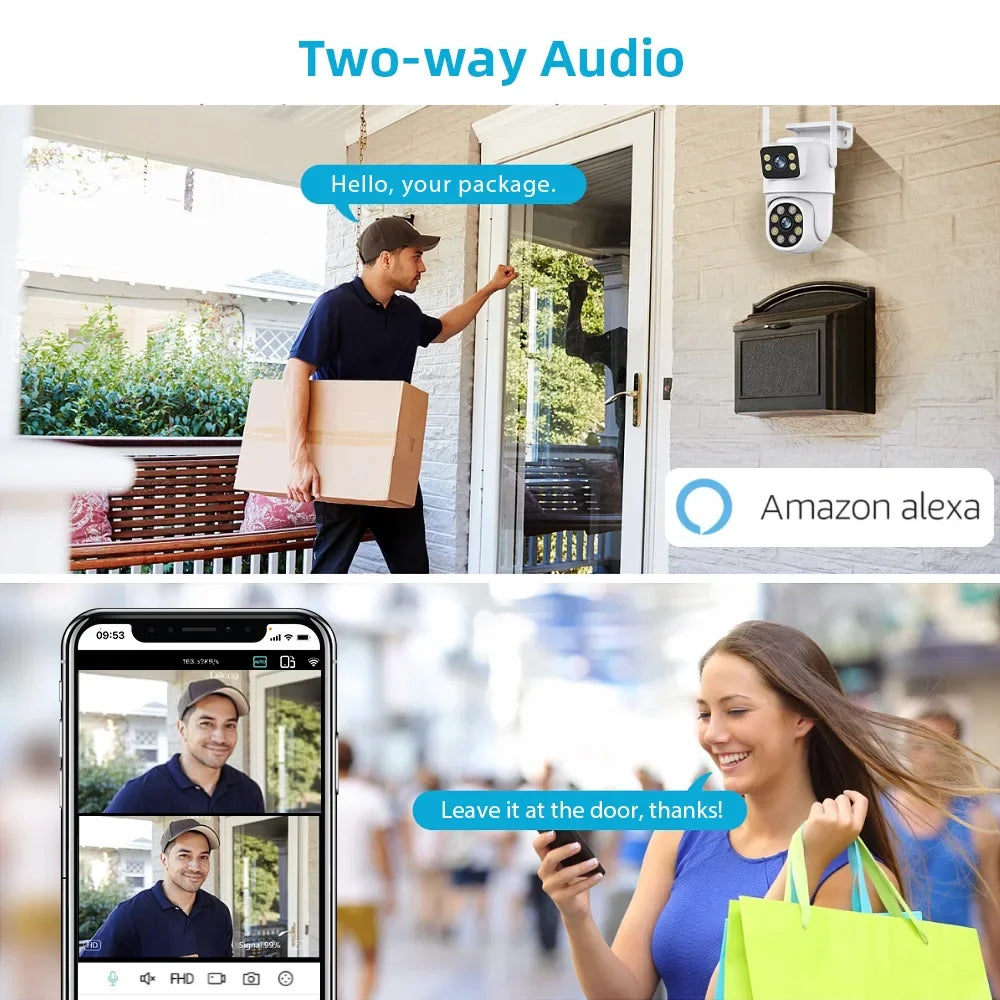 Câmera IP de lente dupla ao ar livre com tela dupla, rastreamento automático, proteção de segurança, vigilância CCTV, 4K, 8MP, PTZ, WiFi, HD, iCSee
