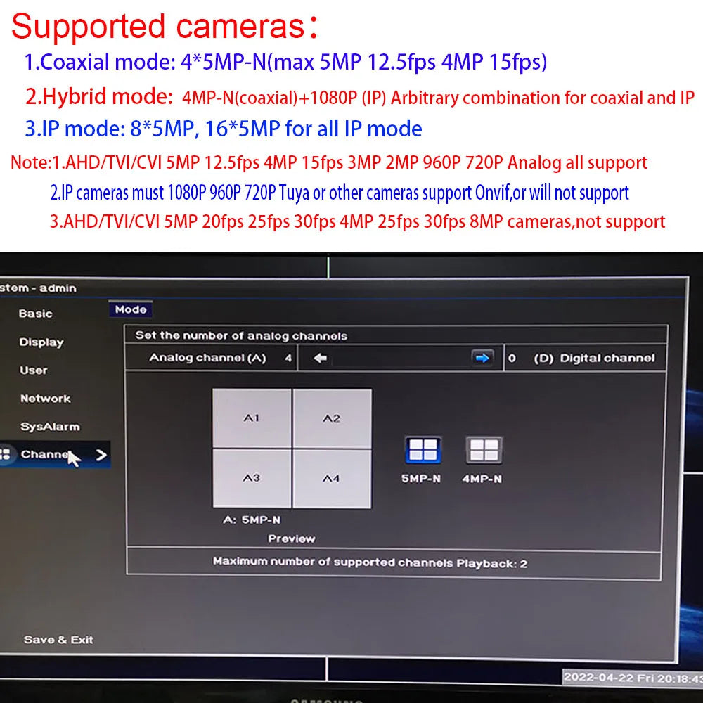 Câmera de segurança híbrida DVR CCTV, áudio sobre coaxial para 5MP, 12.5Fps, 1080p, 720p, TVI, CVI, CVBS, IP, Onvif Cam, 4 canais, 8 canais, 5M-N