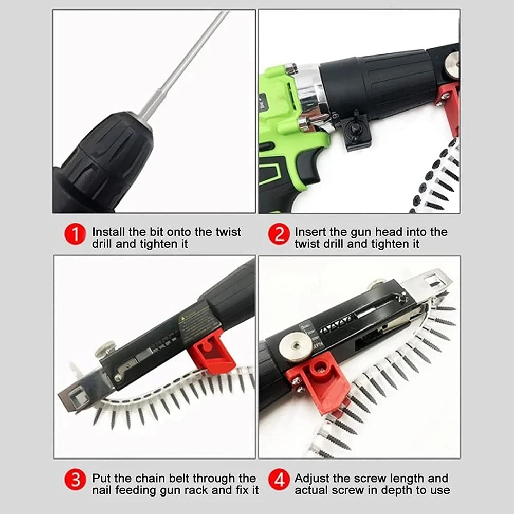 Automatic Screw Driver Cadeia Nail Gun Adapter, Bocal de broca elétrica, Woodwork Screw Drive, Auto Feed Power Tool, acessório