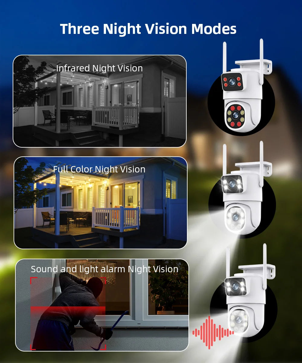 Câmera IP de lente dupla ao ar livre com tela dupla, rastreamento automático, proteção de segurança, vigilância CCTV, 4K, 8MP, PTZ, WiFi, HD, iCSee