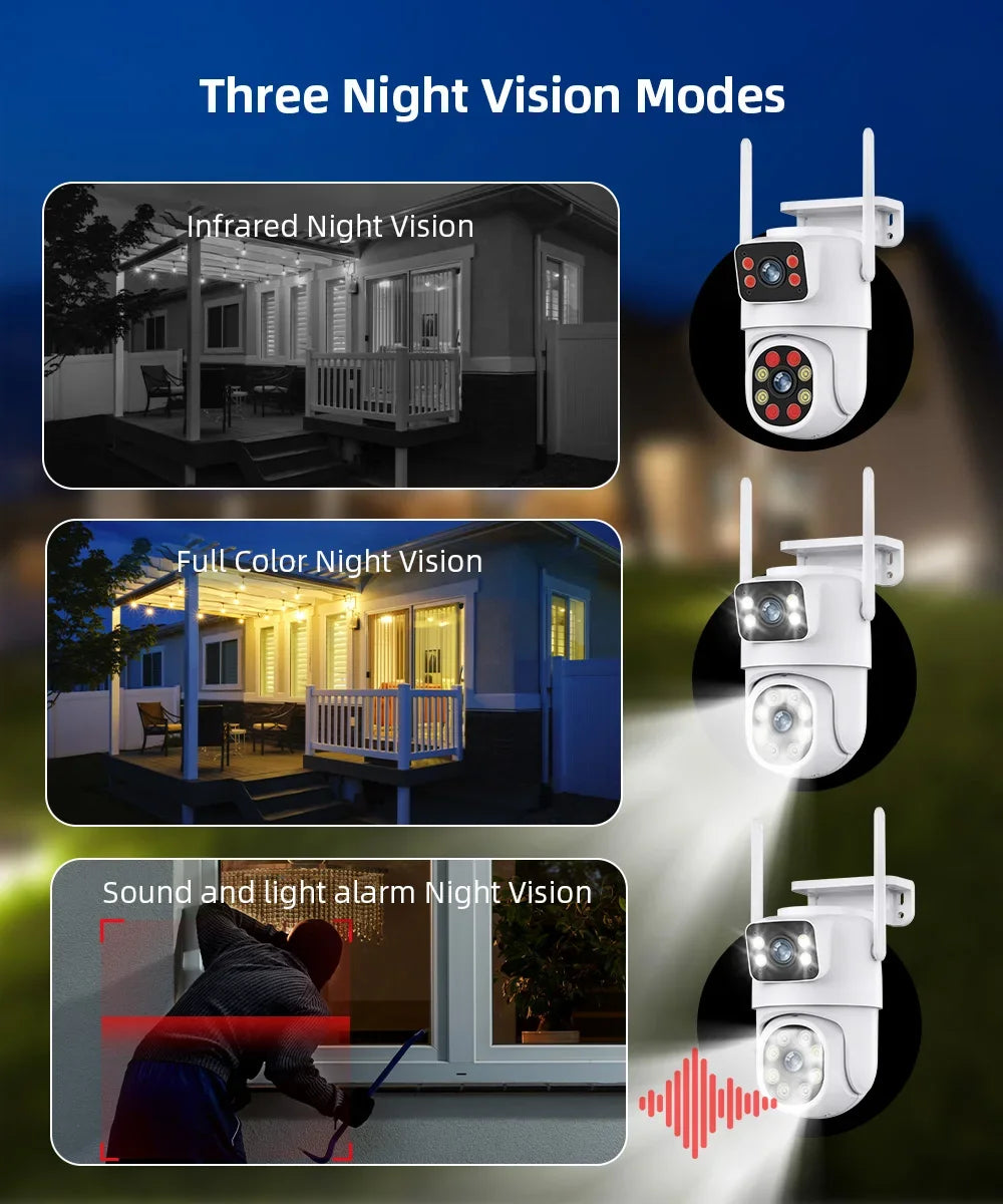 Câmera IP de lente dupla ao ar livre com tela dupla, rastreamento automático, proteção de segurança, vigilância CCTV, 4K, 8MP, PTZ, WiFi, HD, iCSee