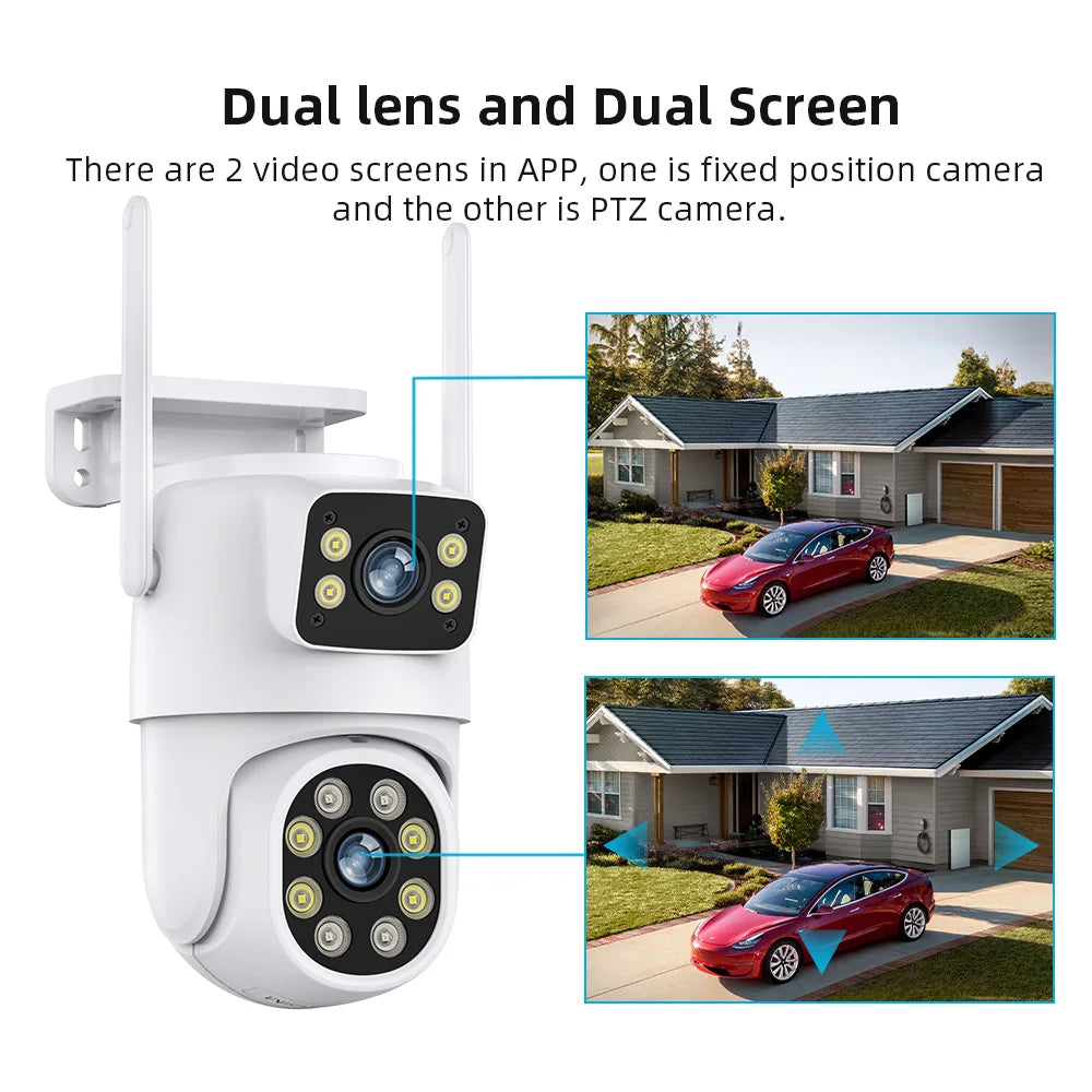 Câmera IP de lente dupla ao ar livre com tela dupla, rastreamento automático, proteção de segurança, vigilância CCTV, 4K, 8MP, PTZ, WiFi, HD, iCSee