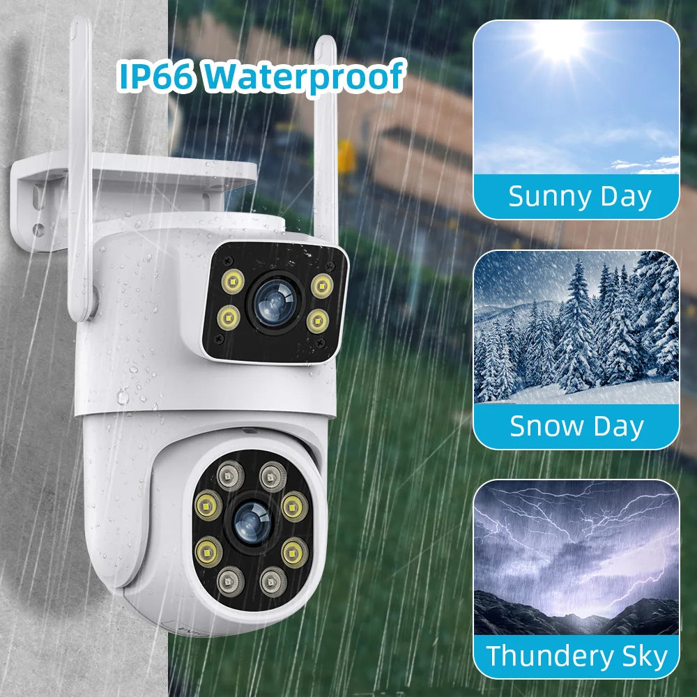 Câmera IP de lente dupla ao ar livre com tela dupla, rastreamento automático, proteção de segurança, vigilância CCTV, 4K, 8MP, PTZ, WiFi, HD, iCSee