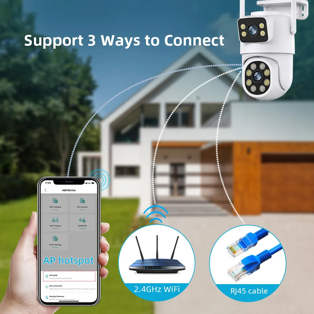 Câmera IP de lente dupla ao ar livre com tela dupla, rastreamento automático, proteção de segurança, vigilância CCTV, 4K, 8MP, PTZ, WiFi, HD, iCSee