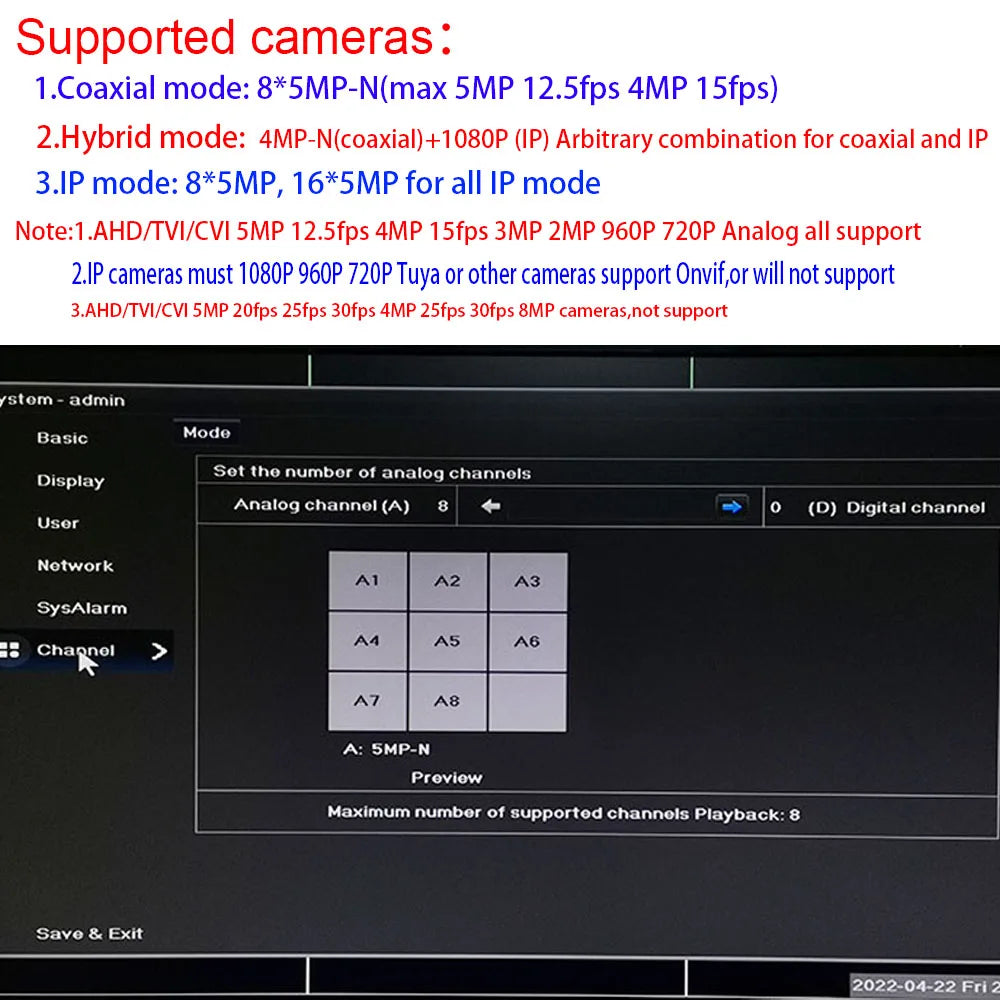 Câmera de segurança híbrida DVR CCTV, áudio sobre coaxial para 5MP, 12.5Fps, 1080p, 720p, TVI, CVI, CVBS, IP, Onvif Cam, 4 canais, 8 canais, 5M-N