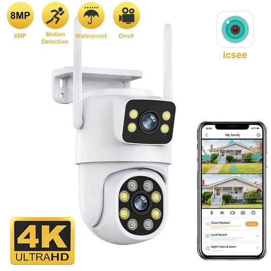 Câmera IP de lente dupla ao ar livre com tela dupla, rastreamento automático, proteção de segurança, vigilância CCTV, 4K, 8MP, PTZ, WiFi, HD, iCSee