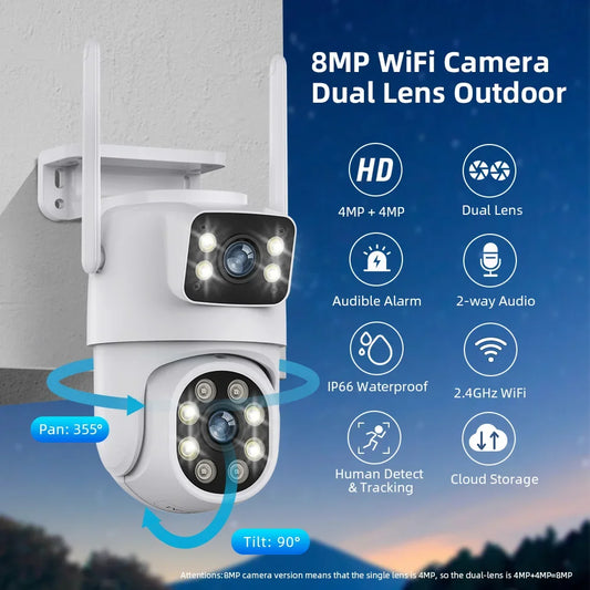 Câmera IP de lente dupla ao ar livre com tela dupla, rastreamento automático, proteção de segurança, vigilância CCTV, 4K, 8MP, PTZ, WiFi, HD, iCSee