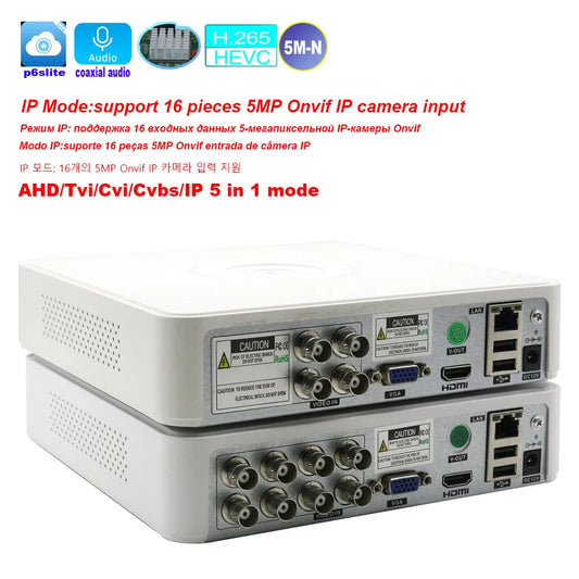Câmera de segurança híbrida DVR CCTV, áudio sobre coaxial para 5MP, 12.5Fps, 1080p, 720p, TVI, CVI, CVBS, IP, Onvif Cam, 4 canais, 8 canais, 5M-N